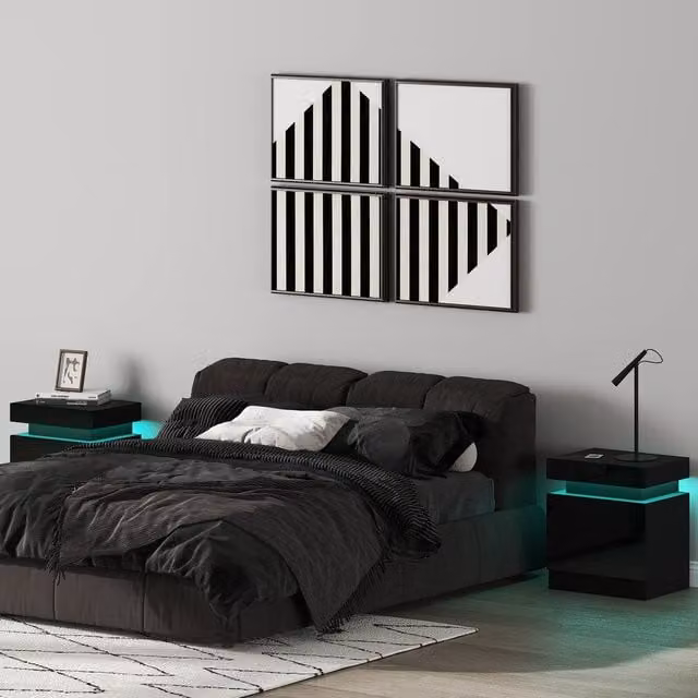 HOMCOM Set of 2 Modern High Gloss Bedside Tables with Integrated LED Lighting in Black – 1