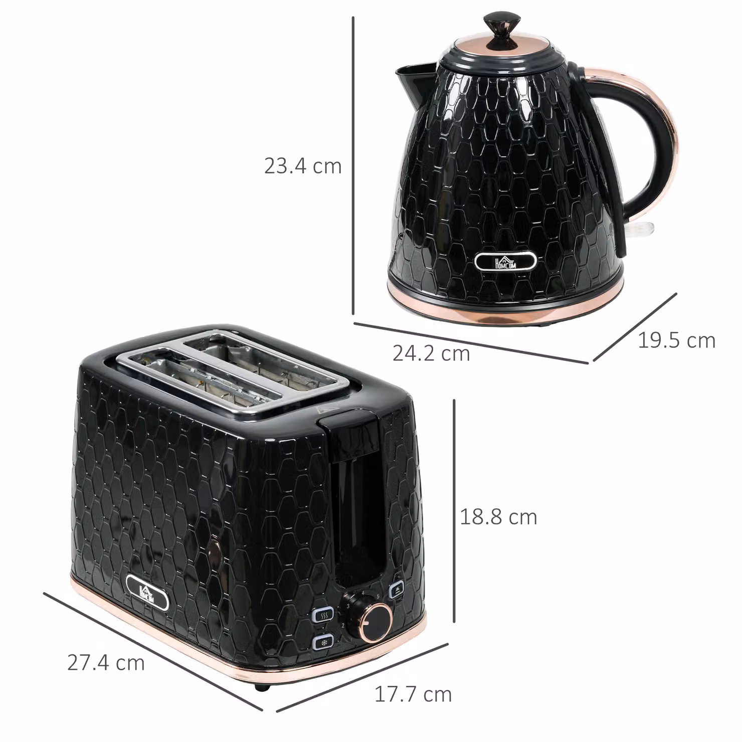 HOMCOM Black Kettle and 2 Slice Toaster Set with 1.7L Capacity and Auto Shut Off – 3