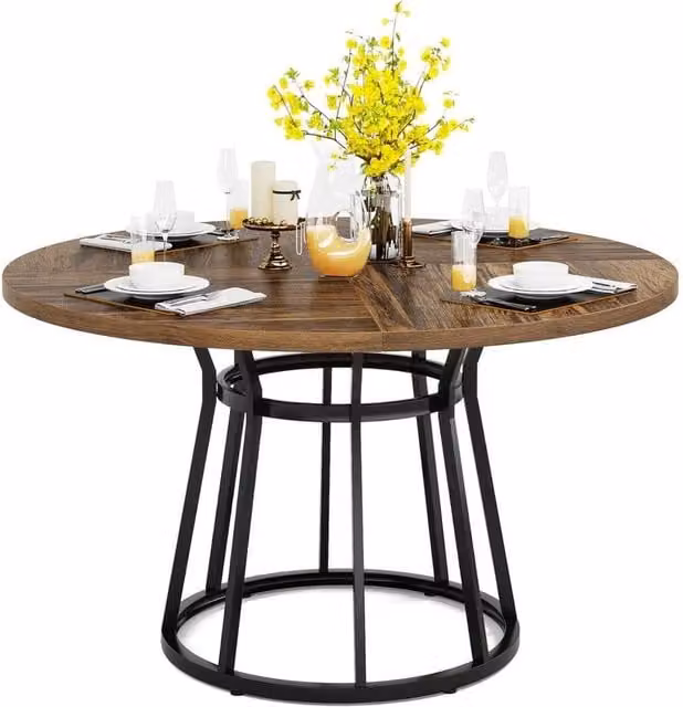 KORVIXA Round Kitchen and Dining Table with Metal Base in Brown – 1