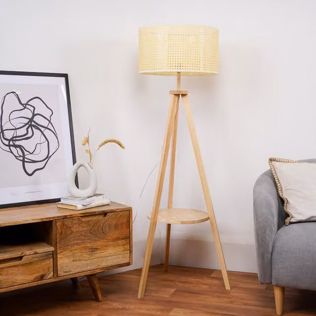 ValueLights Morrigan Wood Tripod Floor Lamp with Rattan Cylinder Shade and Bulb in Natural Beige