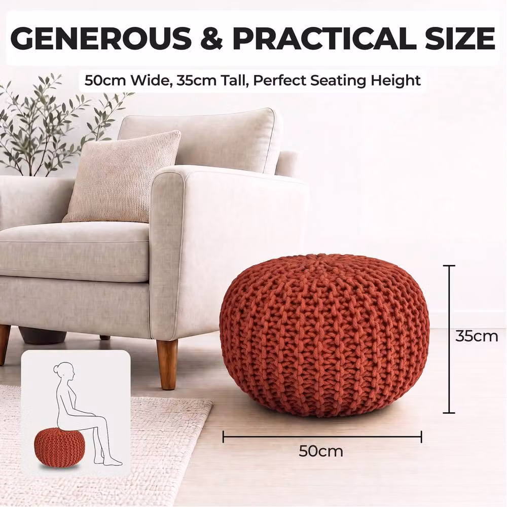 Bravich LTD Chunky Knitted Cotton Pouffe Footstool in Orange, Diameter: 50 cm – 6