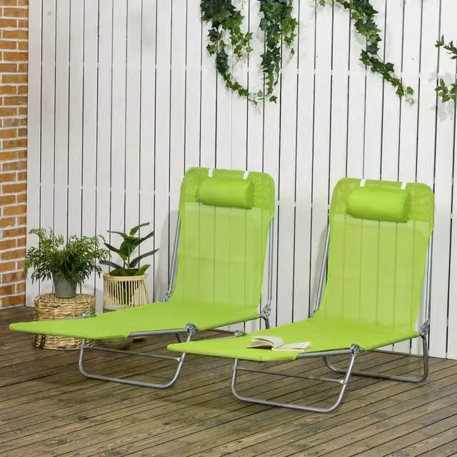 Outsunny Folding Sun Loungers with Adjustable Headrest in Green
