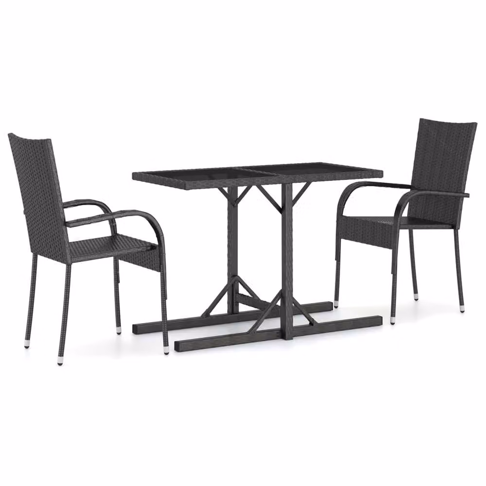 Berkfield Home 3 Piece Black Rattan and Metal Garden Dining Set with Glass Top – 2
