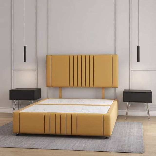 Regional Furnishings Small Double Upholstered Plush Velvet Divan Bed with 24 inch Headboard in Yellow, W/D/H: 120 x 200 cm
