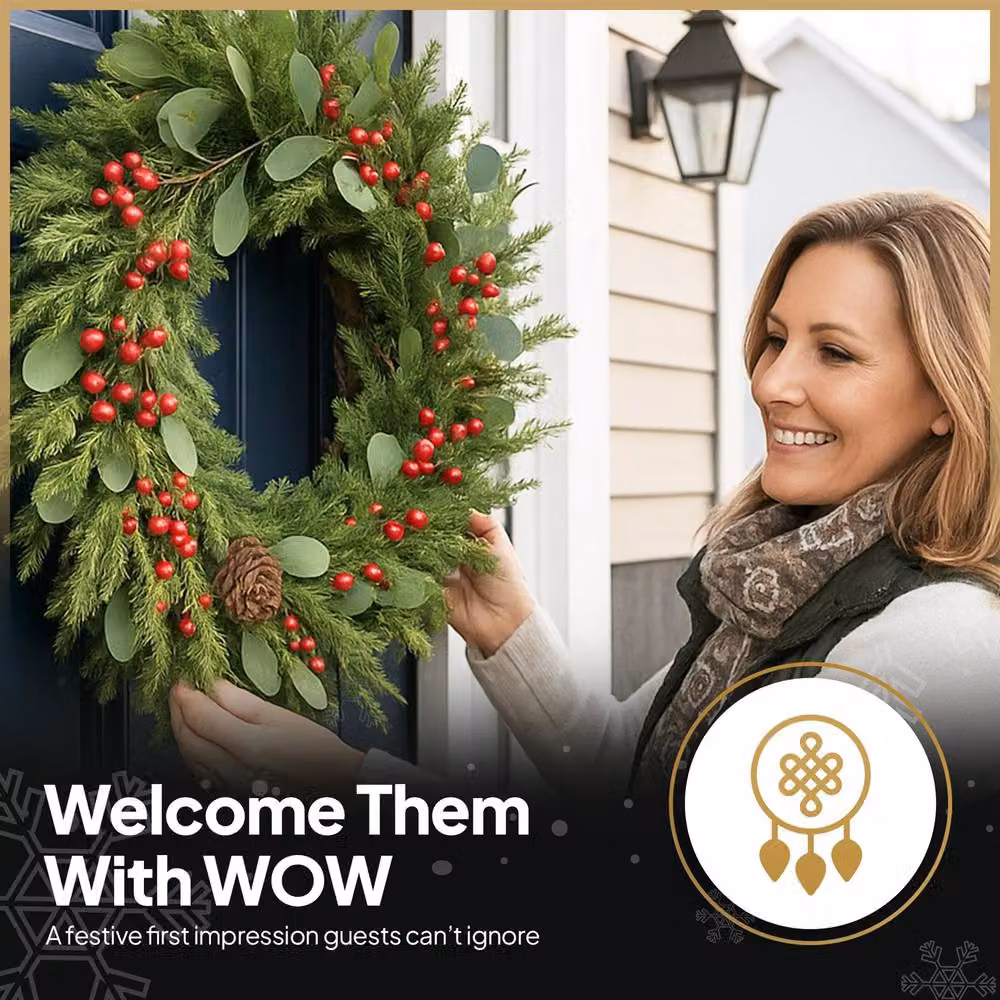Shatchi Christmas Wreath with Red Berries and Pinecones in Green, Diameter: 90 cm – 4