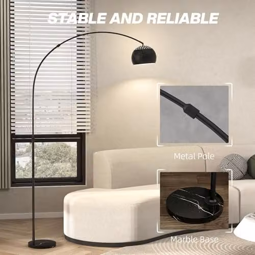 HOMCOM Modern Adjustable Arc Floor Lamp in Black with Marble Base and Foot Switch, Height: 167 cm – 2