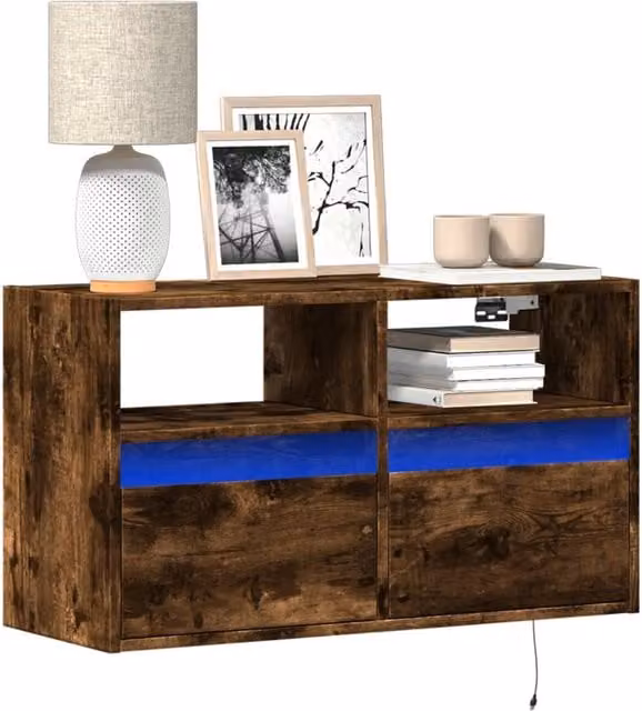 Berkfield Home Modern Wall Mounted TV Cabinet with LED Lighting in Smoked Oak Brown, W/D/H: 80 x 31 x 45 cm