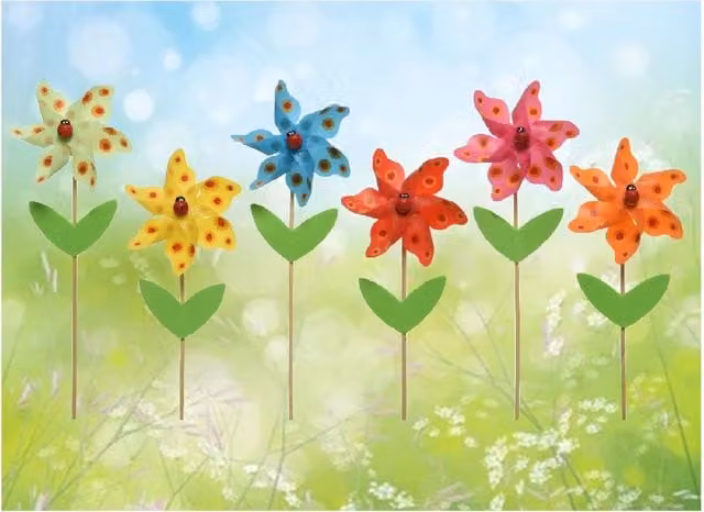 Decoris Set of 6 Decorative Mini Garden Windmills with Ladybird Centre in Multi Colour