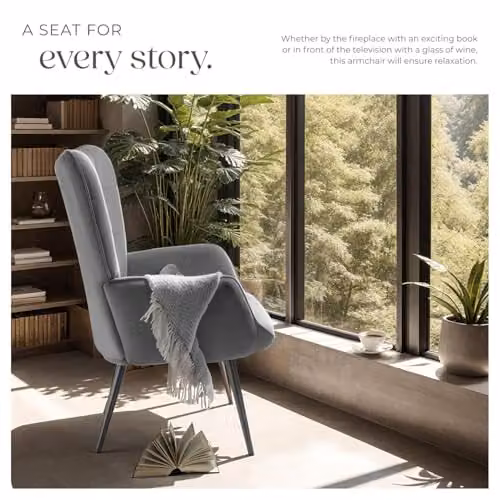tectake Scandinavian Style Corduroy Armchair with Foam Padding and Steel Legs in Anthracite/Black, W: 76 cm, D: 72 cm, H: 100.5 cm – 5