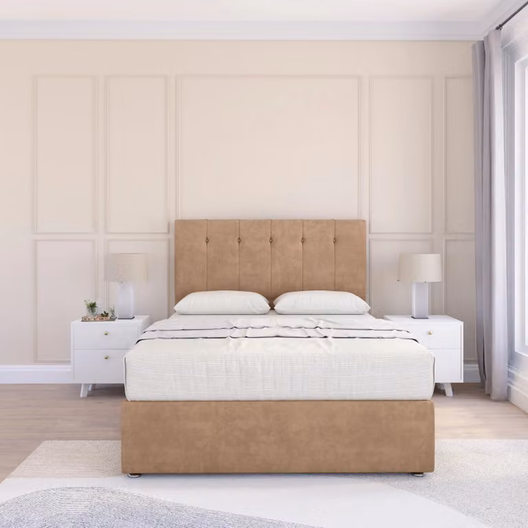 Sloomy Highbury Small Double Divan Bed Base and 54 inch Floor Standing Headboard in Light Beige Microfibre Fabric, W/D/H: 120 x 200 cm