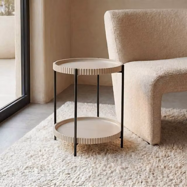 OHS Ribbed Two-Layer Round Side Table in Natural Brown and Beige