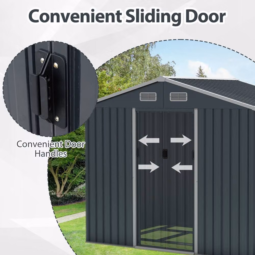 Gymax Large Outdoor Storage Shed and Utility Tool House with Sloping Top, Grey, W/D/H: 226 x 162 x 196 cm – 8