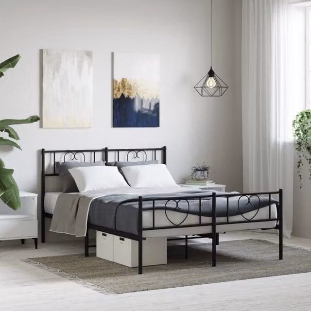 Berkfield Home Metal Bed Frame with Headboard and Footboard in Black, W/D/H: 150 x 200 cm
