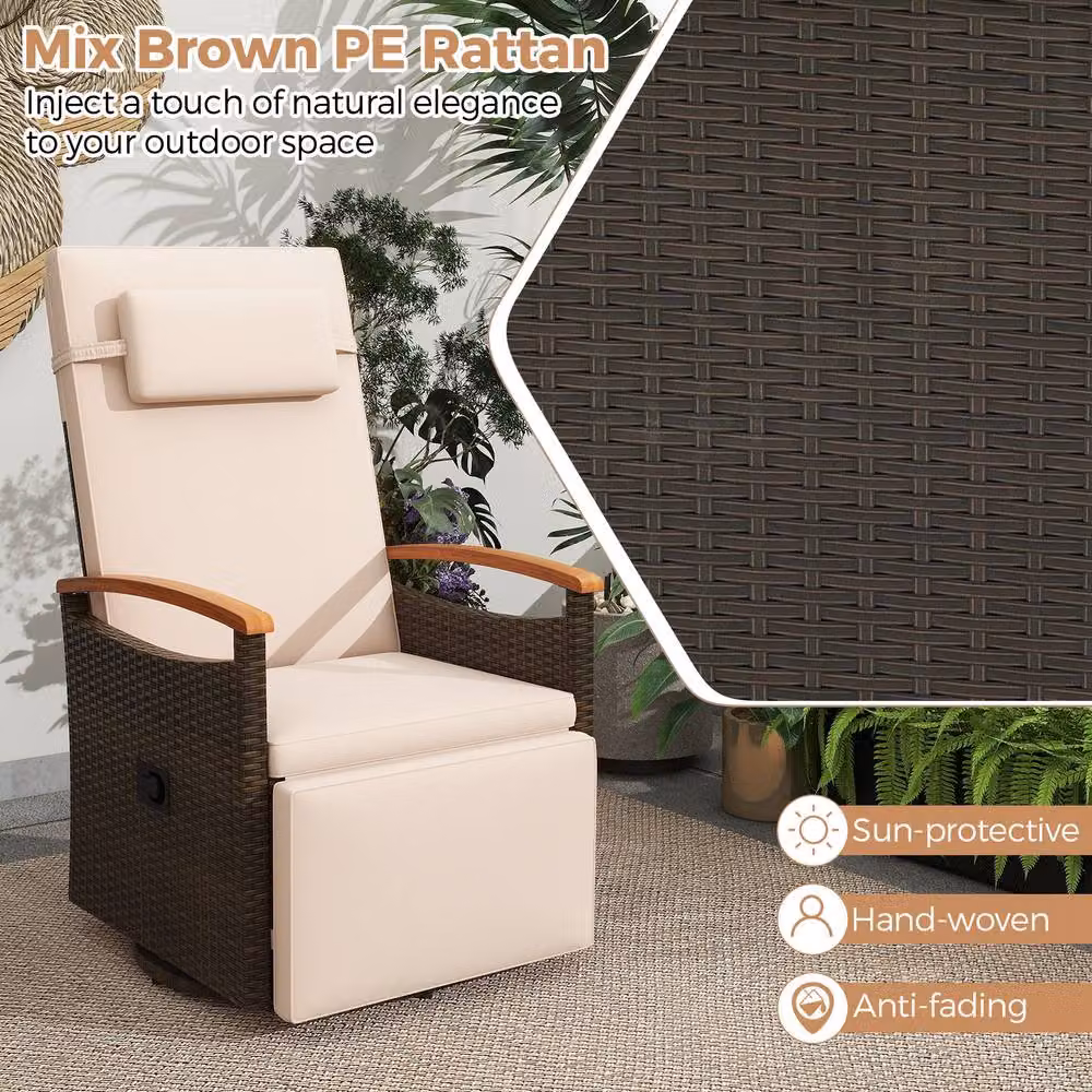 Gymax 360 Swivel Wicker Lounge Chair with Flip Side Table and Adjustable Headrest in Brown – 6