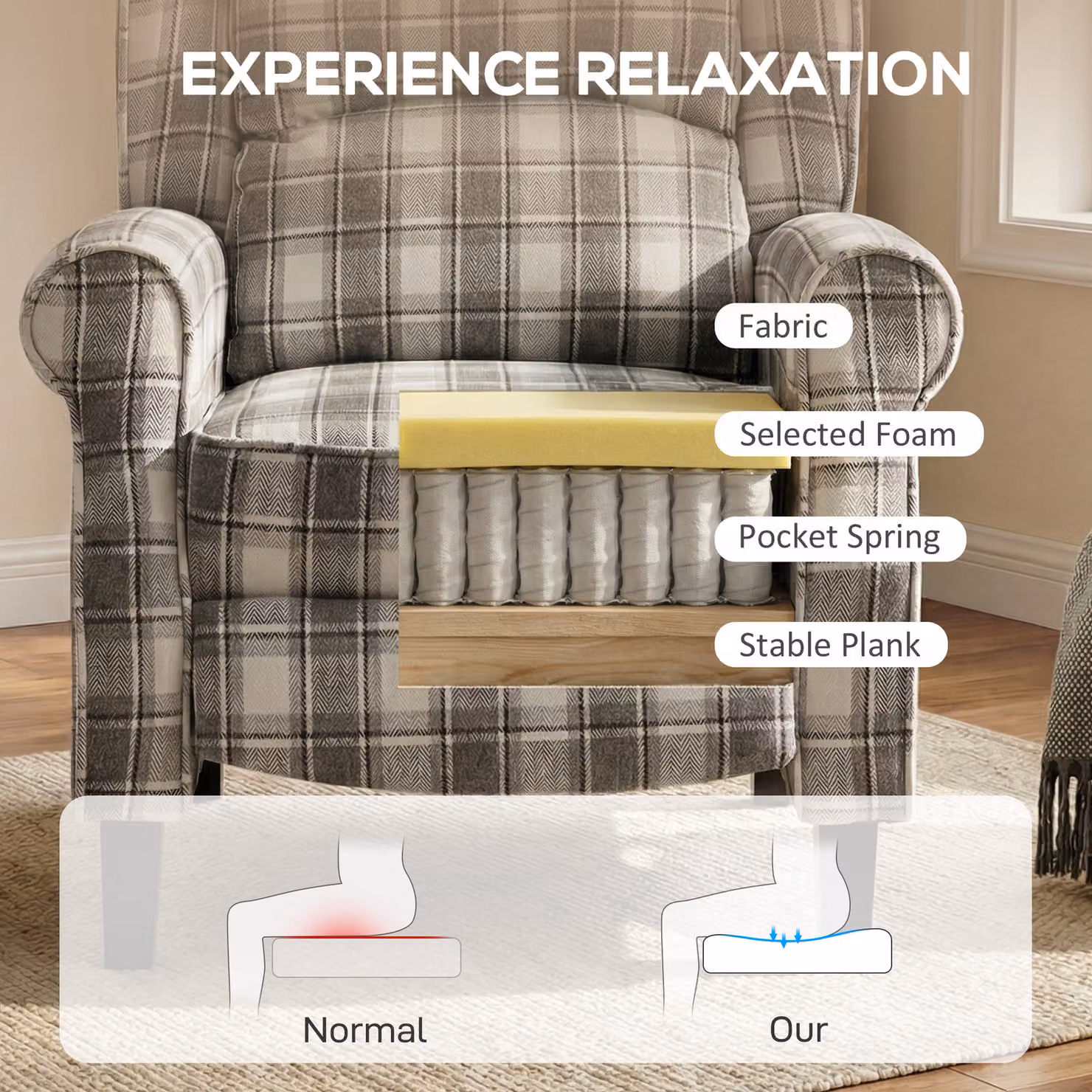 HOMCOM 160 Degree Reclining Armchair with Integrated Footrest in Grey and White Checked Fabric – 5