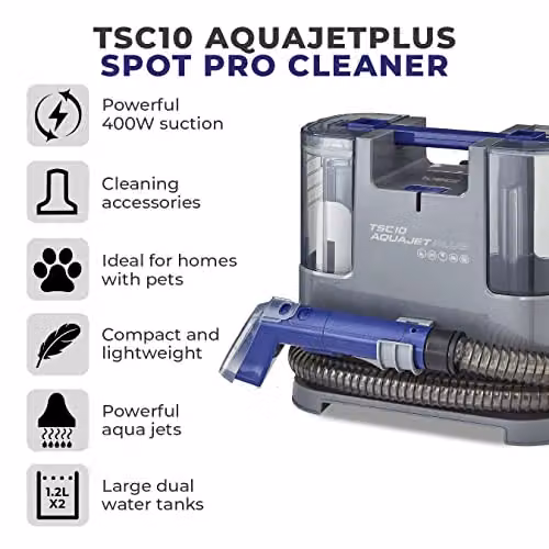 Tower T548005 AquajetPlus Spot Cleaner with Suction Nozzle and Brush, 400W, Grey and Blue, 1.2L Clean and Dirty Water Tanks – 2