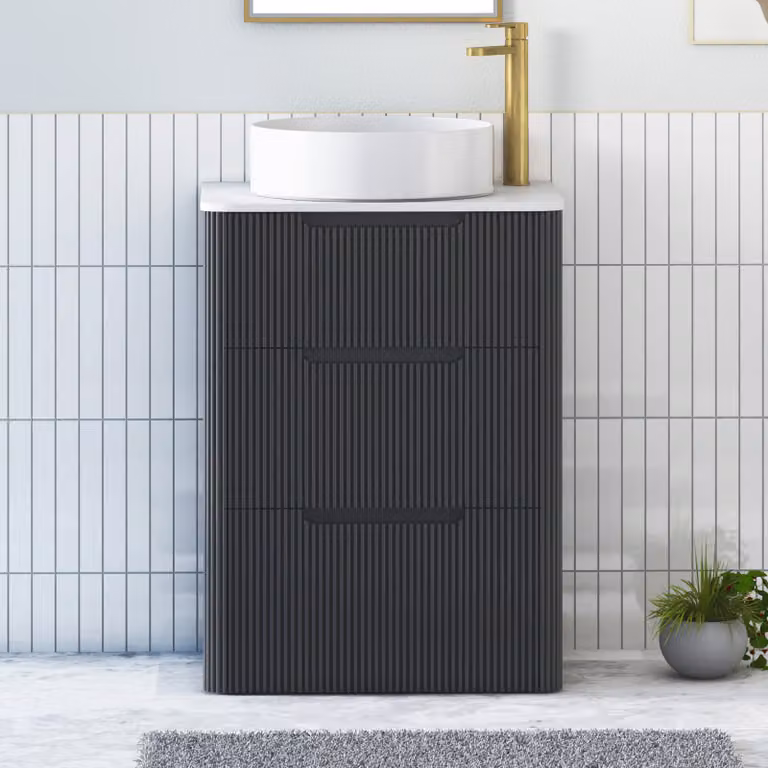 Royal Bathrooms Avenza 600mm Matt Obsidian Black Floor Standing 3 Drawer Vanity Unit with Plain White Worktop and Art Round Basin