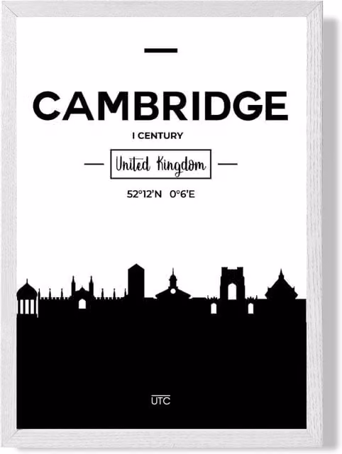 ARTZE Cambridge Black and White City Skyline Framed Photograph in White Frame, A4