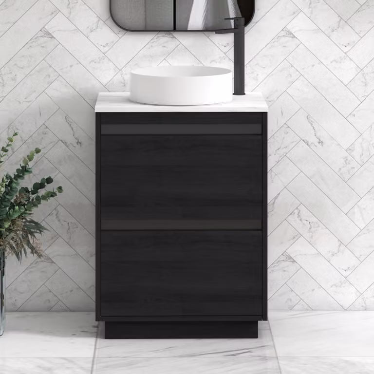 Royal Bathrooms Orion 600mm Hale Black Floor Standing 2 Drawer Vanity Unit with Carrara White Undrilled Worktop and Black Accent Trim