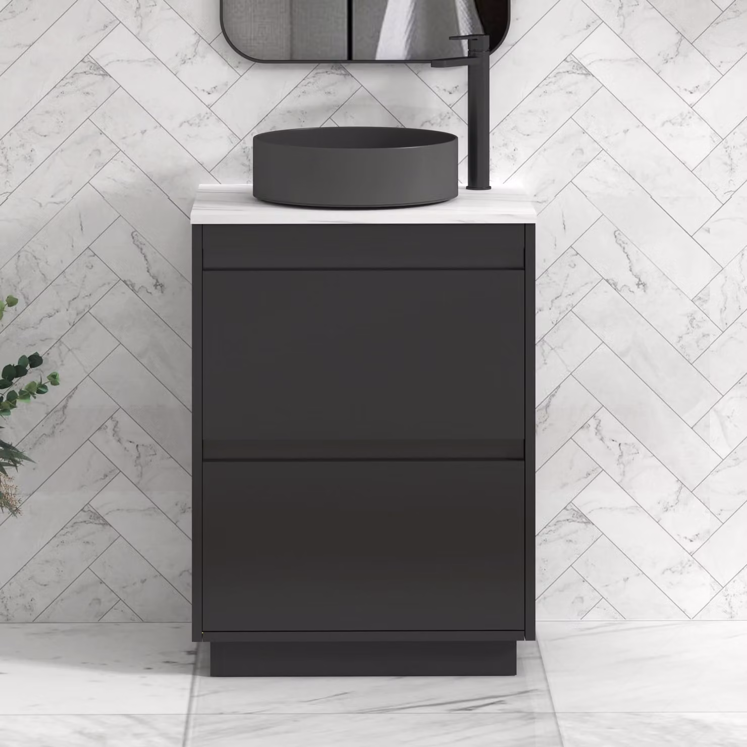 Royal Bathrooms Orion 600mm Matt Obsidian Black Floor Standing Countertop Vanity Unit with 2 Drawers and Art Round Basin