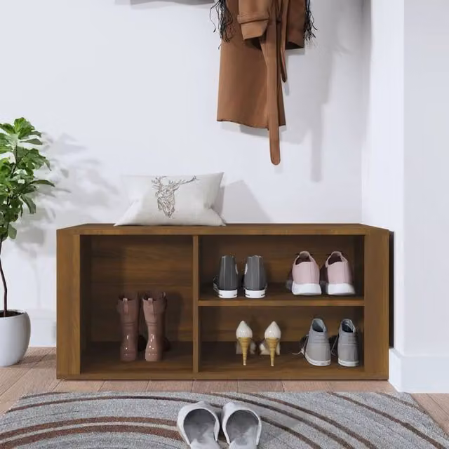 Berkfield Home Brown Oak Shoe Cabinet with Integrated Seat, W: 100 cm, D: 35 cm, H: 45 cm