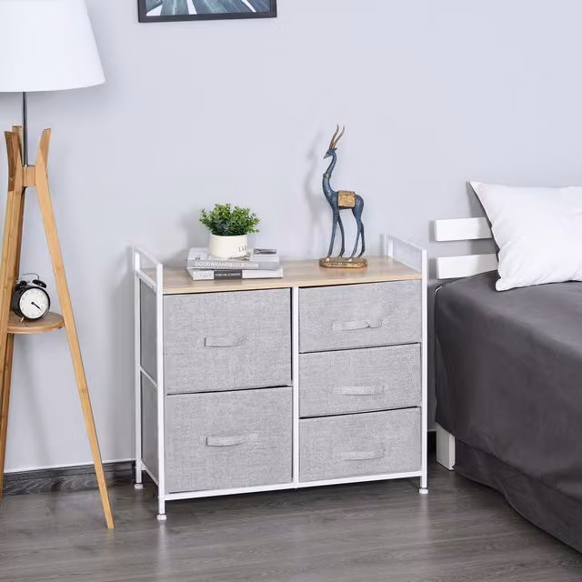 HOMCOM Grey 5 Drawer Linen Basket Storage Unit with Shelf