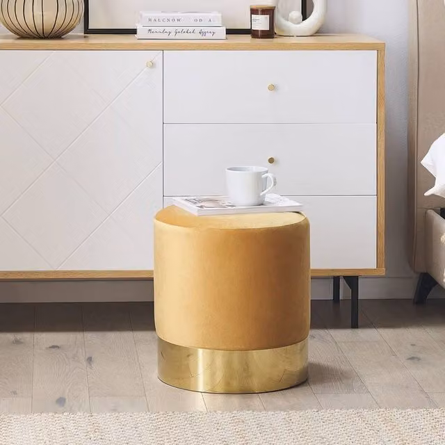 Wyld and Coco Velvetique Round Yellow Velvet Pouffe with Gold Base – 1