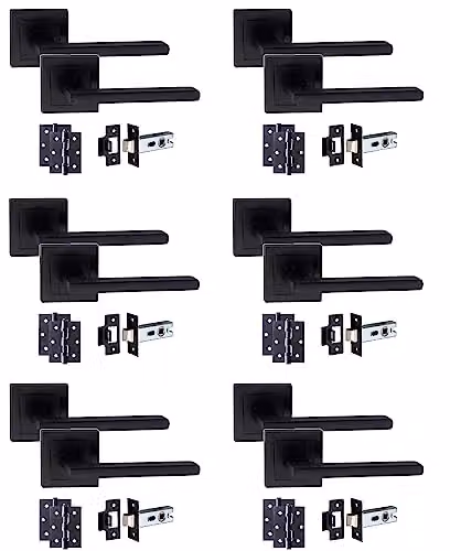 Golden Grace Leon Straight Door Handle Latch Pack in Matt Black, 6 Sets