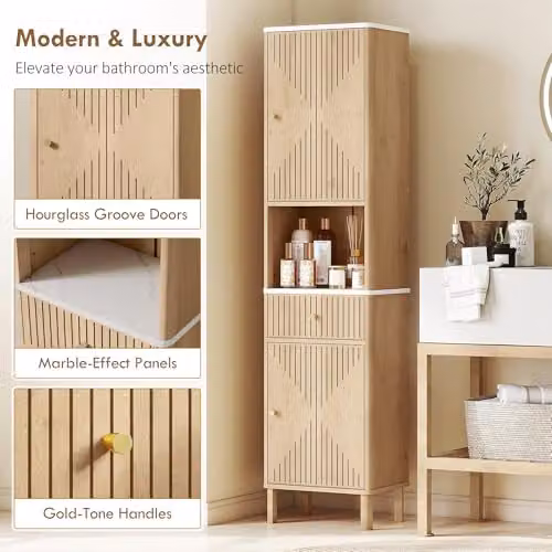 HOMCOM Tall Bathroom Cabinet with Silent-Glide Drawer and Adjustable Shelves, Brown Oak Wood Effect, H 168 x W 41.5 x D 30 cm – 3