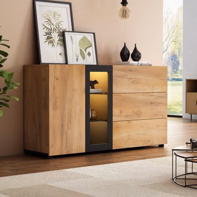 Aosom UK Modern Versatile Storage Cabinet with 3 Drawers, Smart LED Lighting and Adjustable Glass Shelves, Black and Brown, W: 140 cm, D: 40 cm, H: 80 cm