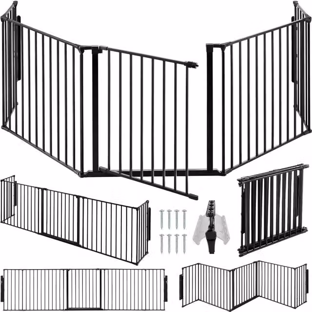 tectake 5-Piece Metal Fireplace and Stair Safety Gate with Swing Door, Black
