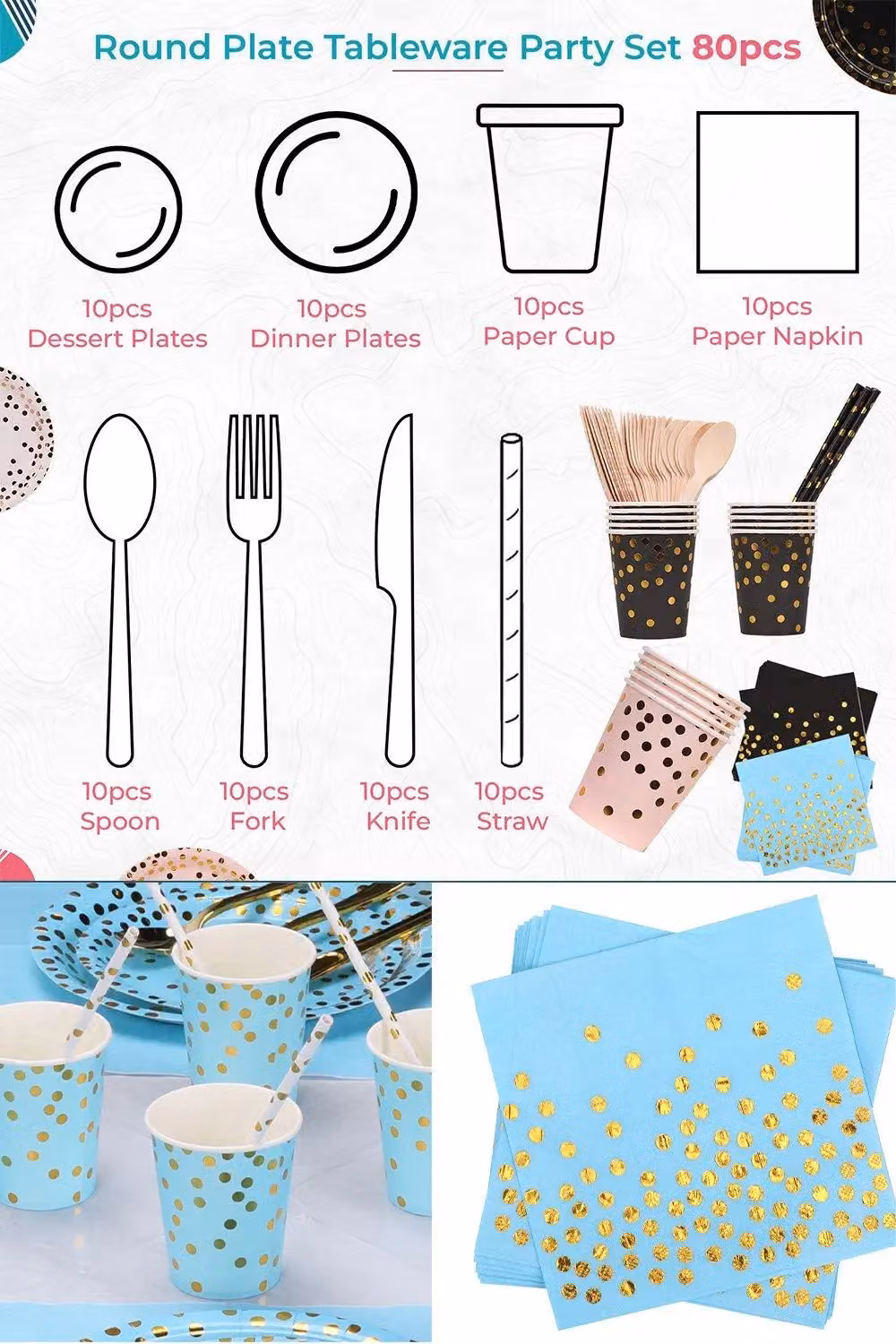 Neel Blue 80-Piece Dotted Paper Dinnerware Set in Baby Blue – 2