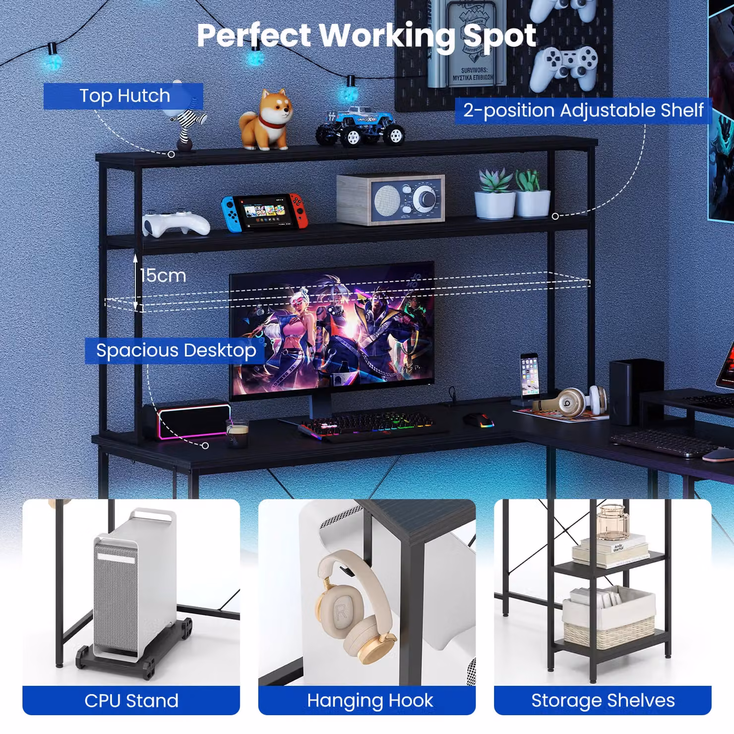 Costway L-Shaped Reversible Corner Gaming Desk with LED Strip in Black – 3