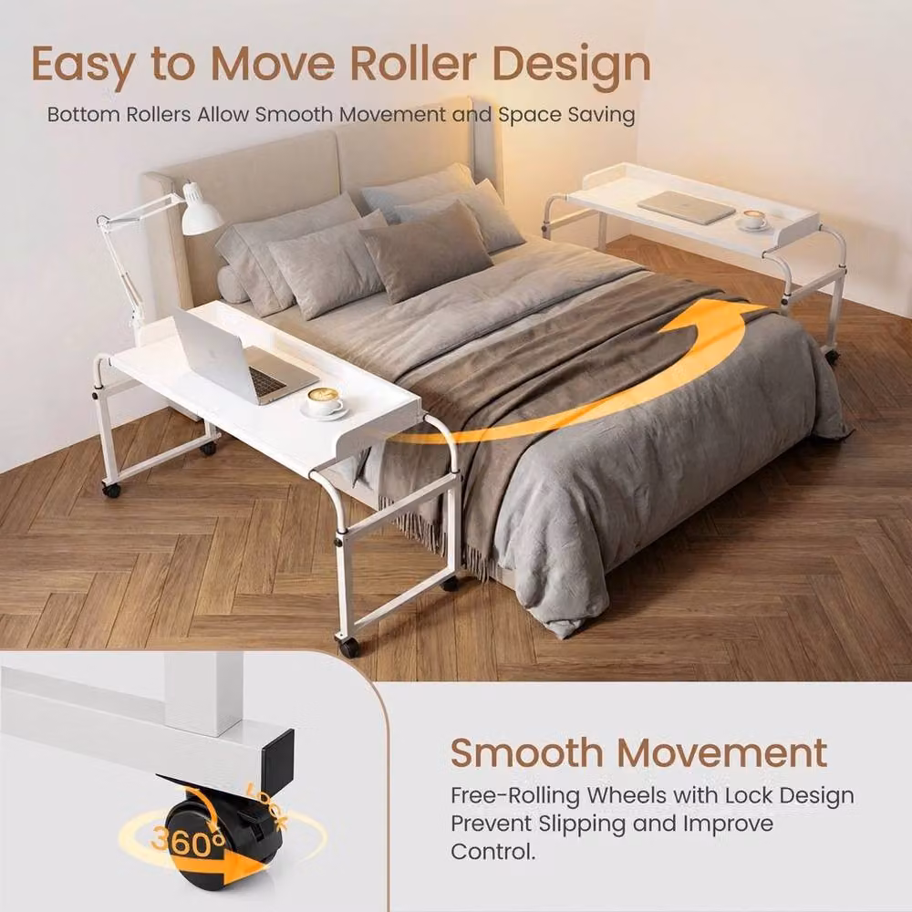 KORVIXA Adjustable Height Overbed Table with Castors in White – 2