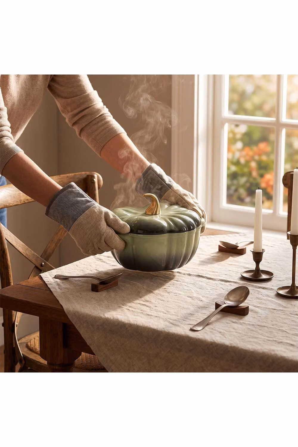 Living and Home Enamelled Cast Iron Pumpkin Dutch Oven with Lid and Handles in Green – 5