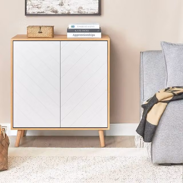 Wyld and Coco Scandinavian Sideboard in White and Light Wood, W: 76 cm, D: 40 cm, H: 84 cm