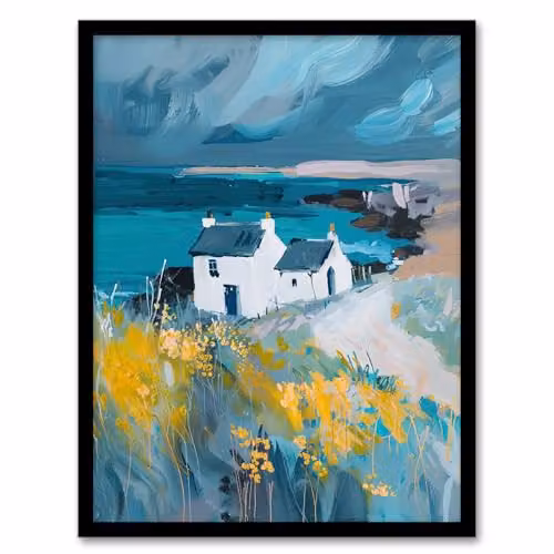 Artery8 Coastal Scottish Cottage Wildflowers Framed Oil Painting Wall Art Print, Multicolour, W/H: 21.0 x 29.7 cm – 1