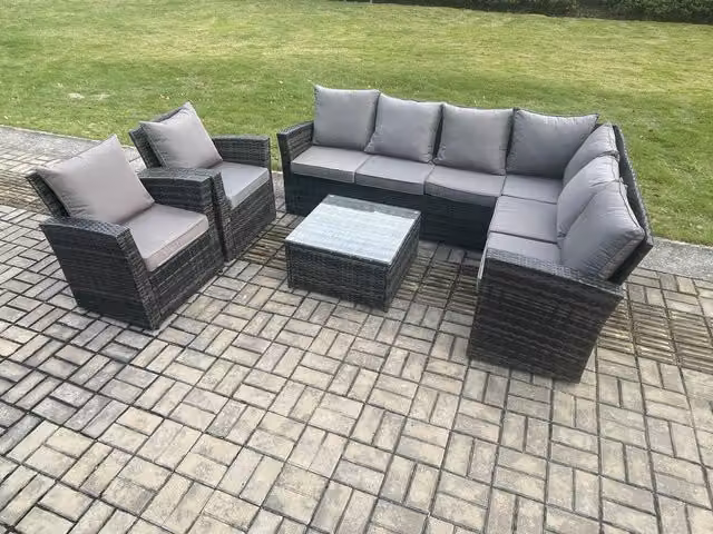 Fimous 8 Seater Rattan Garden Furniture Set with L-Shape Corner Sofa, 2 Chairs and Coffee Table in Dark Grey