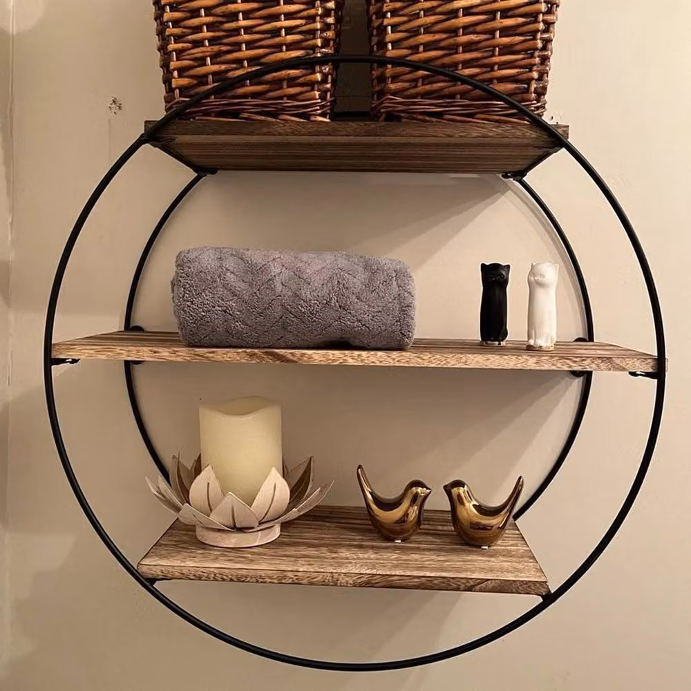 KORVIXA 3 Tier Round Wall Mounted Floating Shelves in Brown, W/D/H: 100 x 100 x 50 cm – 2