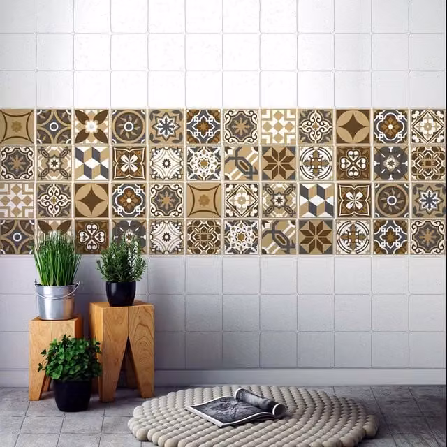 Walplus Adhesive Geometric Square Wall Tile Stickers in Brown and Beige, 10 x 10 cm, 24 Pack