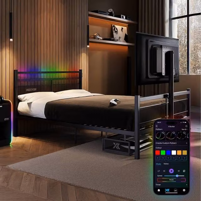 X Rocker Basecamp RGB Double Gaming TV Bed with App Controlled LED Lights, Black, 140 x 200 cm