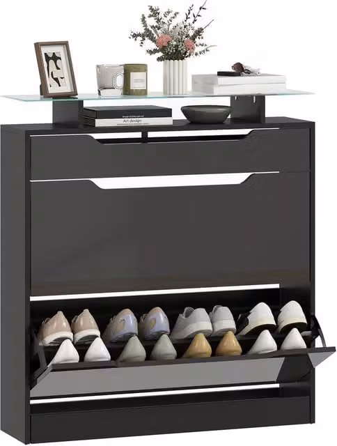 Nordara Modern Black Shoe Cabinet with High Gloss Front Panels and Glass Top, W: 120 cm, D: 60 cm, H: 60 cm