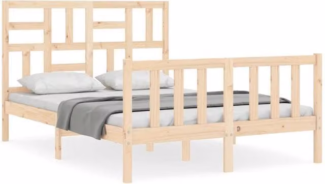 Berkfield Home Solid Wood Bed Frame with Headboard in Natural Pine, W: 140 cm, L: 190 cm – 1
