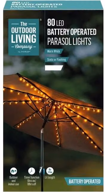 Premier Decorations Parasol String Lights with 80 Warm White LEDs and Timer, White
