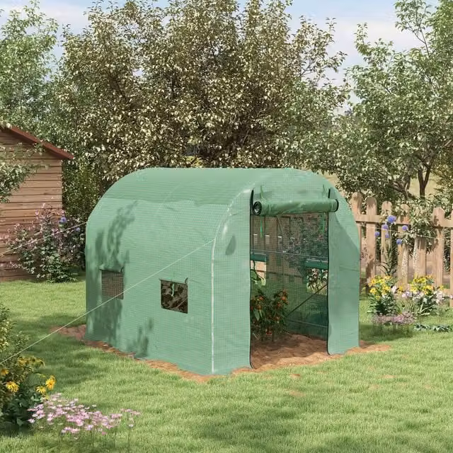 OUTSUNNY Walk-In Polytunnel Greenhouse with Steel Frame, Light Green, W: 3.5 m, D: 2 m, H: 2 m – 1