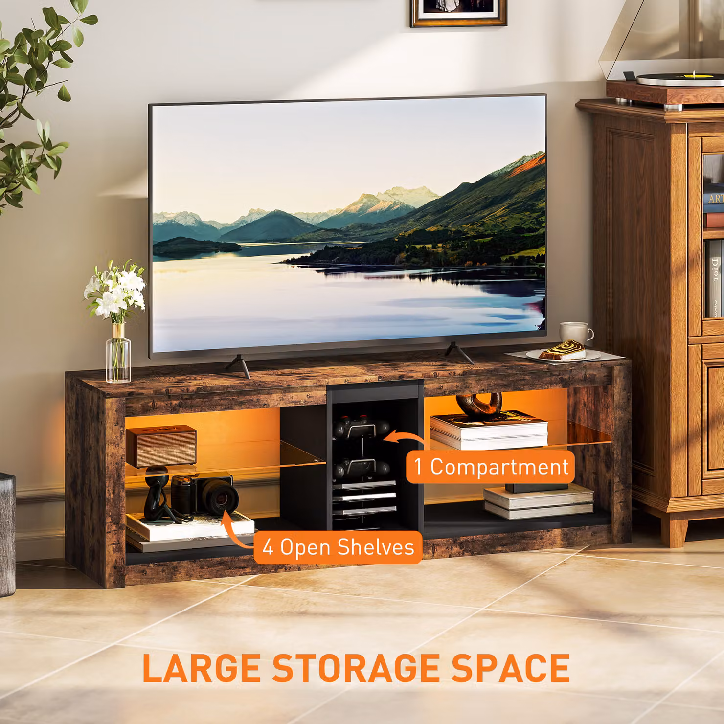 HOMCOM TV Stand Cabinet with LED Lights and Remote Control for TVs up to 65 inch, Entertainment Centre with Storage Shelves and Compartment, Rustic Brown, W: 140 cm, D: 47 cm, H: 24 cm – 5