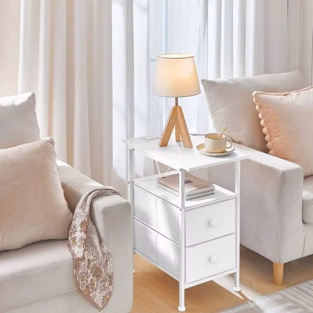 FORGEVIO White Bedside Table with Charging Station and Media Compartments