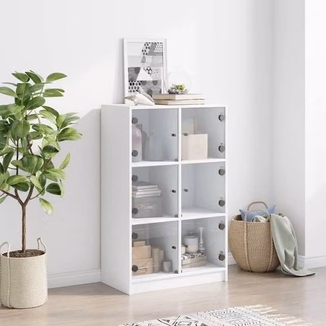 Berkfield Home Highboard with Glass Doors in White, W/D/H: 68 x 37 x 109 cm