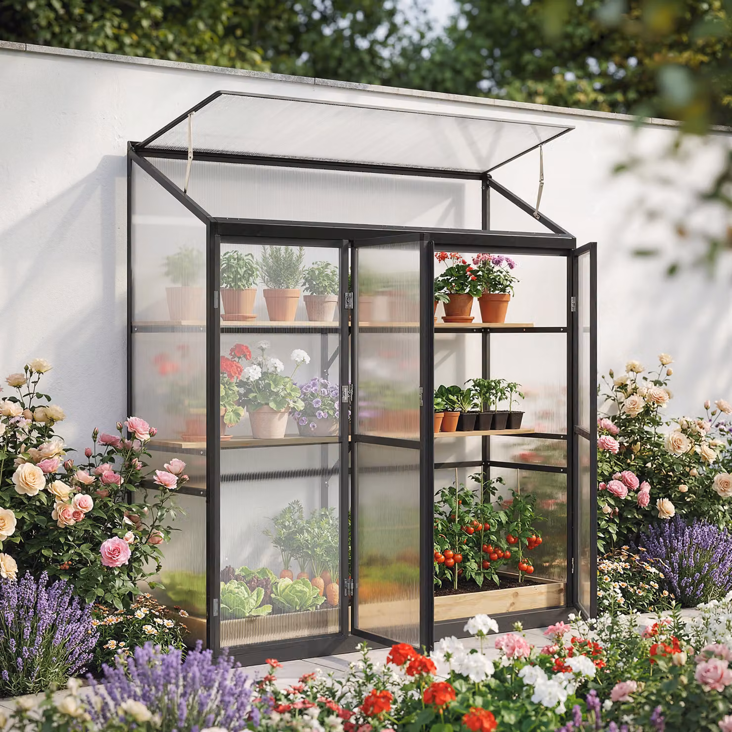 Outsunny Black Polycarbonate Lean-to Walk-in Greenhouse with 3 Hinged Doors and Top Vent – 2