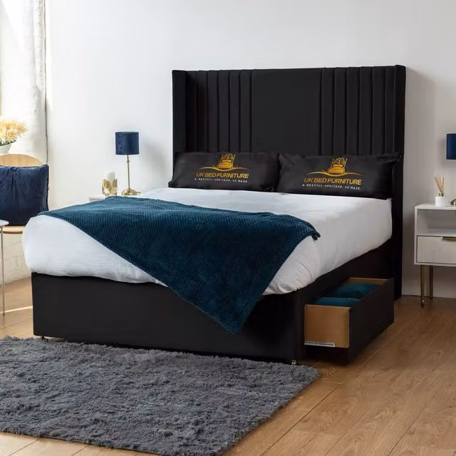 UK Bed Furniture Skyline Wingback Divan Bed with 2 Drawers and Foot End Headboard, Black, W/D/H: 180 x 200 cm – 1
